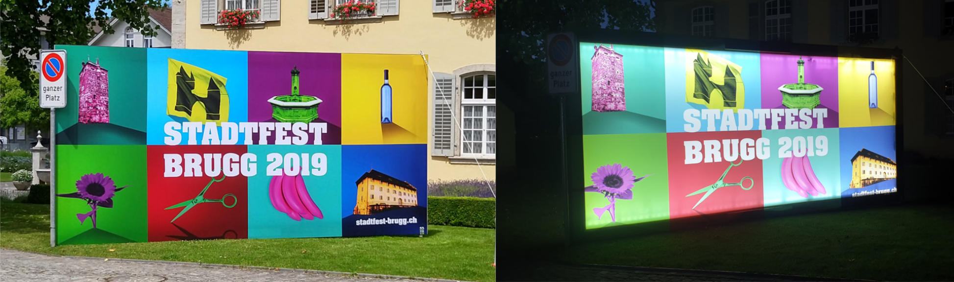 Hinterleuchtete Grafikbanner Stadtfest Brugg